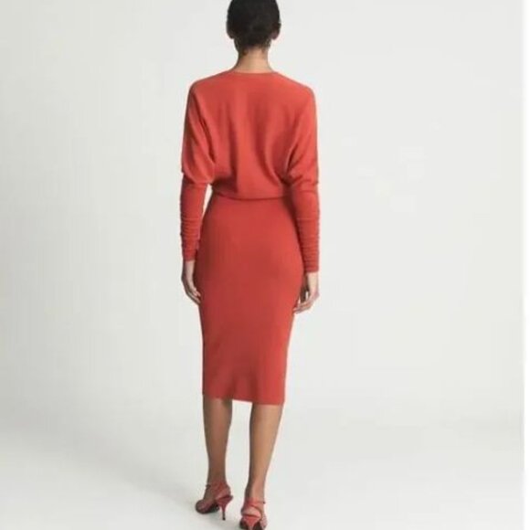 REISS Jenna Red Orange Deep V Neck Midi Sweater Dress S - Picture 4 of 12